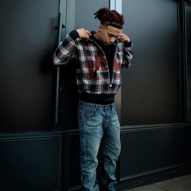 Men's Zip Up Hoodies plaid letter Graphic Jacket long Sleeve Y2k Hoodies Plaid Flannel Hooded sweatshirt Streetwear3