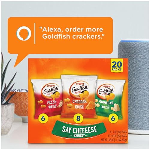 Image of Goldfish Crackers Say Cheeeese Variety Pack with Cheddar, Pizza and Parmesan, Snack Packs, 20 Ct (Pack of 2)