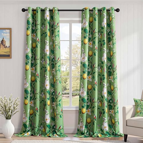 Image of MYSKY HOME Floral Blackout Curtains 95 Inch Long for Living Room Vintage Farmhouse Room Darkening for Dining Room Bedroom Lemon Hummingbird Patterned Thermal Insulated Drapes, Pack-2, W52, Sage Green
