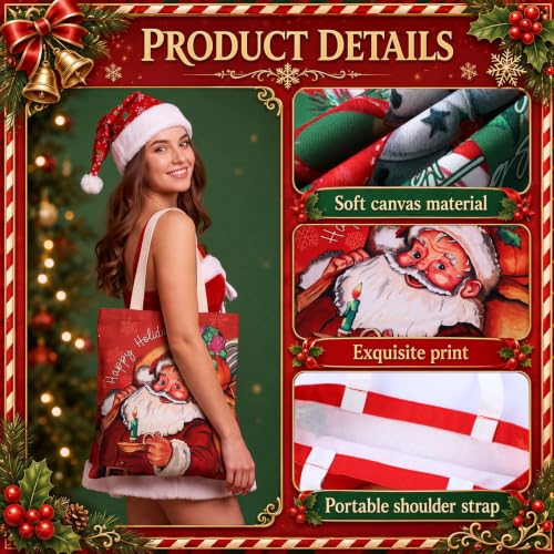 Image of Paterr 12 Pcs Christmas Canvas Tote Bags Bulk Reusable Red and Green Christmas Gift Bag with Handles Vintage Xmas Tree Santa Claus Cardinal Canvas Handbags for Women Xmas Gifts Farmhouse Party Decor