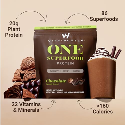 VitaHustle ONE Vegan Protein Powder, Chocolate - 20g Plant Protein Meal Replacement with 86+ Superfoods & Greens, Probiotics + No Bloat Digestive Blend - Dairy Free, Gluten Free (15 Servings) - Image 4
