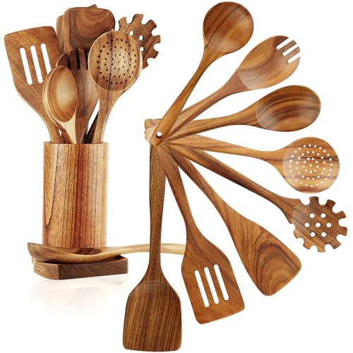 Image of FJNATINH Wooden Spoons for Cooking, 10 Pcs Teak Wooden Cooking Utensil Set with Holder, Wooden Kitchen Utensils Set for Nonstick Pans & Cookware
