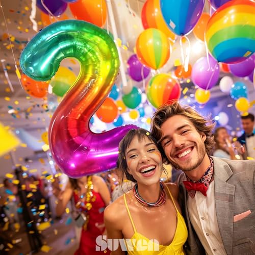 Image of SUWEN Rainbow Number 2 Balloon 40 Inch,Big Colorful Balloons 0-9 | Large Gradient Jelly 2nd Helium Foil Mylar Number Multicolor Balloons for Birthday Anniversary Party Decorations