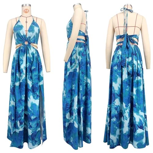 Image of Qikaka Women's Sleeveless Deep V Neck Floral Printed Metal Chain Bodycon Sexy Nightclub Party Boho Dress