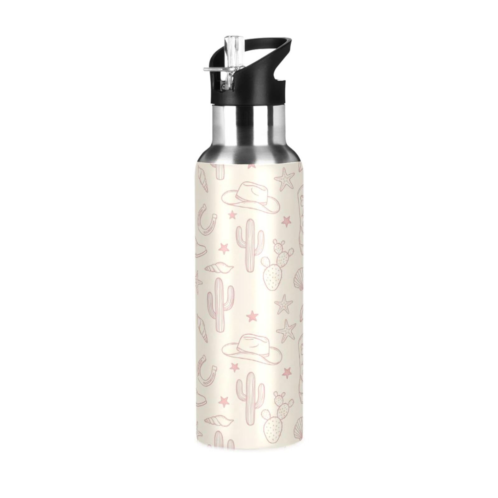 BOESI Western Cactus Pattern Insulated Water Bottle 600ml, Stainless Steel Vacuum Sports Bottle with Straw, Leak Proof Thermal Bottle for Gym Travel Outdoor