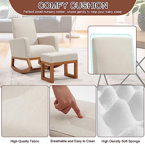 Yoleny Rocking Chair With Footstool, Upholstered Nursery Glider Rocker, Modern Accent Rocking Lounge Chair, Comfy High Back, Linen Armchair,Beige #TOP4