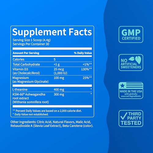 Image of Nello Supercalm Powdered Drink Mix Tub, Cortisol Reducer* and Sleep Aid Supplement, L Theanine, Ksm-66 Ashwagandha, Magnesium Glycinate, Vitamin D 3, No Sugar, Non GMO, 30 Ct, Tropical Tangerine