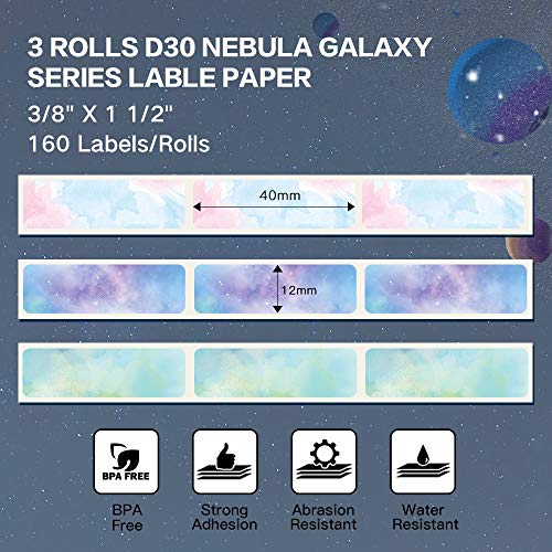 Phomemo D30 Adhesive Nebula/Galaxy Series Pattern Paper 1/2" X 1 1/2" (12Mm X 40Mm) 160 Labels/Roll, 3 Roll,Gift For Decoration, Compatible With D30 Label Maker #TOP3