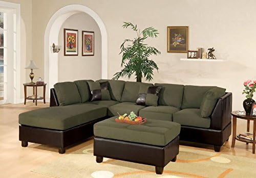 Calfornia Tradeworks poundex 3 Pcs Mushroom Color with Free Ottoman and Pillows Microfiber and Dark Brown Faux Leather Reversible Right/Left Sectional Sofa Couch (Sage)