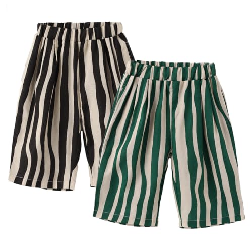 Ashmyova Boy's Cotton Stripe Shorts Summer Elastic Waist Casual Capri Pants for Boys with Pockets 2Pcs