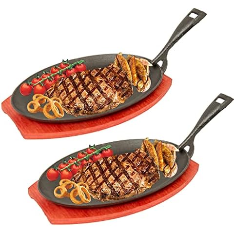 KOKOBASE 2X Cast Iron Sizzler Plate Oval Serving Pan, Pre-Seasoned Fajita Platter with Wooden Trivet for Serving Hot Sizzling Dishes (27cm x 17.5cm) Cover