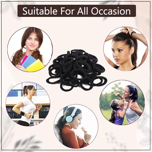 Image of GLUN 2inch Pack of 100 Black Color Ponytail Holders Hair Ties for Girls & Women, Soft Elastic Rubber Bands for Thick Hair, Non-Slip Stretchable Scrunchies for Daily, School & Office Use