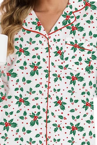 Image of LUBOT Christmas Pajamas for Women 100% Cotton Pajama 2 Piece PJ Set Soft Long Sleeve Button Xmas Print Loungewear XS-XXL
