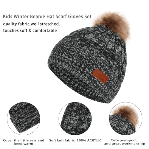 Image of Kids Hat Scarf Gloves Set, Kids Winter Beanie Hat Scarf Gloves Set with Knit Thick Warm Fleece Lined for 1-6 Years Old