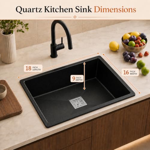Image of TrueSink Quartz Kitchen Sink 16x18X9 Inches Black | Sound Proof, Heat & Scratch Resistant and Easy to Clean Single Bowl Granite Kitchen Sink /Basin with Waste Coupling & Pipe | Sink for Kitchen Black