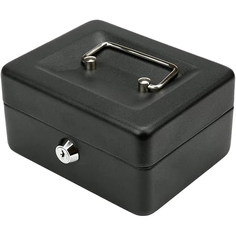 1BAZAR Black & Blue Money Box Tin/Steel Cash Deposit Safe Box Petty/with 6 Compartment Tray, Lock, and 2 Keys Portable Money Organiser with Handle Steel for Security 6 &12 Inch (Black Box 6 inch) Cover
