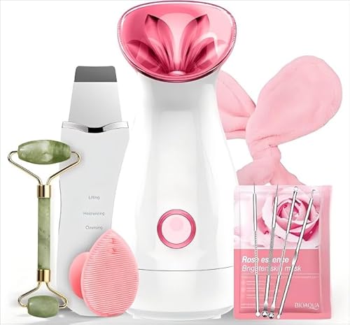 Facial Nano Steamer Set with Jade Roller, Deep Penetrating Skincare Kit, White and Pink