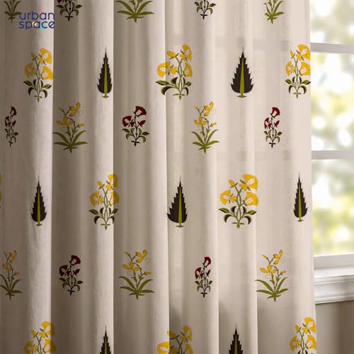 Image of Urban Space 100% Cotton Window Curtains 5 Feet (Set of 2) | 60-65% Room Darkening Window Curtains | Hanging Styles - Rod Pocket, Back Loop & Track Channel | Tieback Included (High Garden Yellow RD)
