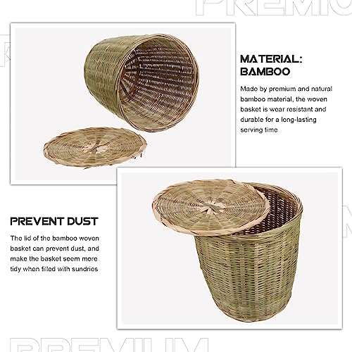 Image of PRETYZOOM Versatile Bamboo Woven Basket with Lid Multipurpose Storage for Trash Toys and Sundries Natural Material for Home Decoration Kitchen Bedroom Organizer