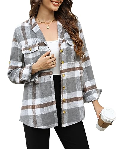 GRAPENT Women's Casual Oversized Boyfriend Plaid Button Down Roll-up Long Sleeve Shirt Flannel Shacket Jacket Fashion Fall Outfits 80s 90s Color Gray Plaid Plus Size X-Large XL Size 16 Size 18