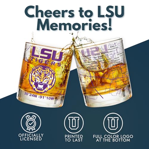 Image of Greenline Goods - University of LSU Tigers College Whiskey Glasses (Set of 2), 10 oz - Full-Color Logo + Campus Map