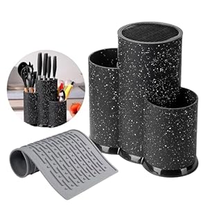 Kitchen Organization Set includes: Utensil holder, Knife Holder and Silicone Drying Mat for kitchen counter, stainless steel kitchen utensil organizer., Medium, Black