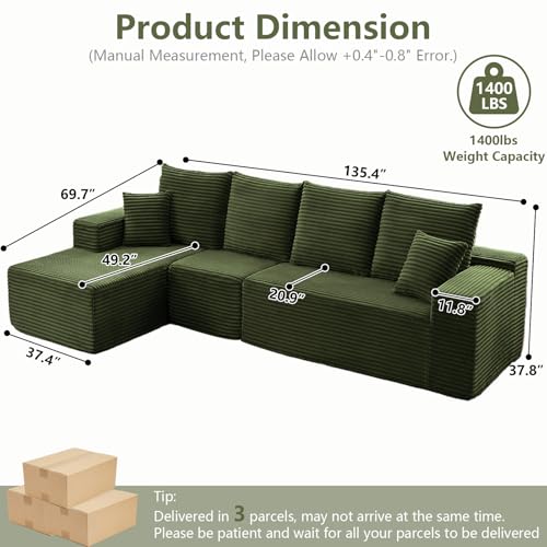 Image of 135 inch Cloud Sectional Couch with L-Shape Chaise, Modern Modular Comfy Sofa with Deep Seat, Upholstered Corduroy Couches Sleeper Chaise Longue for Living Room Bedroom, No Assembly Required, Green
