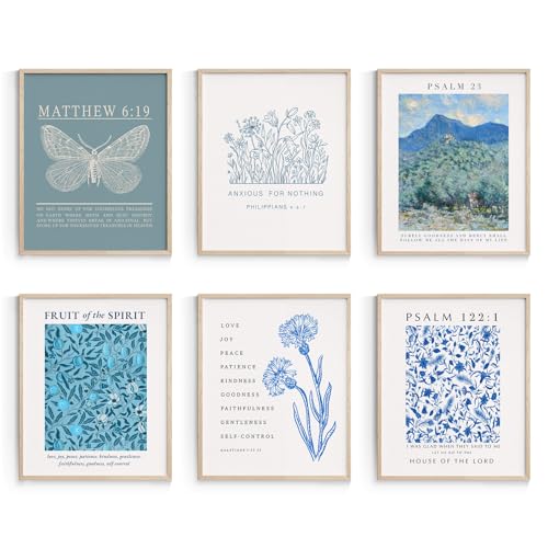 Image of Habseligkeit Blue Butterfly Wall Art Prints, Retro Flower Wall Decors for Room Aesthtic, Abstract Posters for Girls Bedroom Decor Aesthetic Unframed, 8X10in, Set of 6