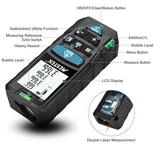 Laser Measure, Mestek 164Ft M/In/Ft Laser Distance Meters with 2 Bubble Levels and Electronic Angle Sensor, for Pythagorean, Distance, Area and Volume Measuring, Carry Pouch and Battery Included - Thumbnail 2