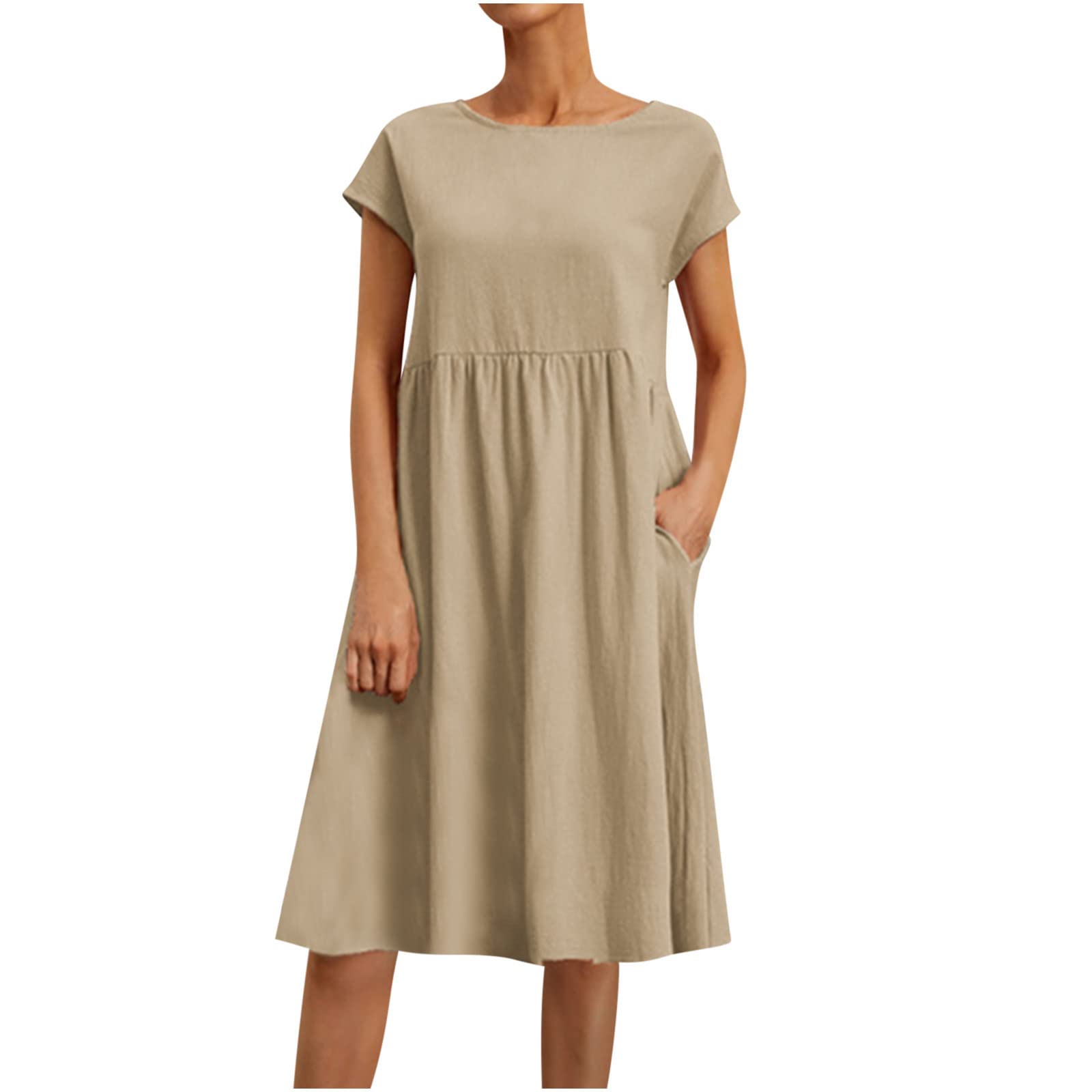 Generic Vestidos de manga corta para mujer, cuello redondo, lino, plisados, hawaianos, para otoño, verano, 2024