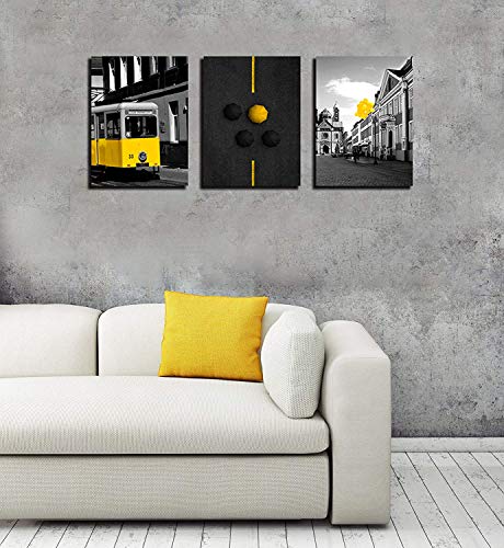 Nan Wind 3 Pcs Canvas Prints London Street Yellow Bus England City Buildings Yellow Balloons Umbrella In Black And White Paintings Wall Art Cityscape On Canvas Stretched And Framed For Home Decor #TOP5