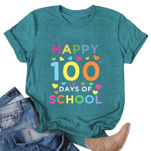 Image of 100th Day of School Shirt for Women Teacher Graphic T-Shirt Funny Teach Short Sleeve Tee Tops