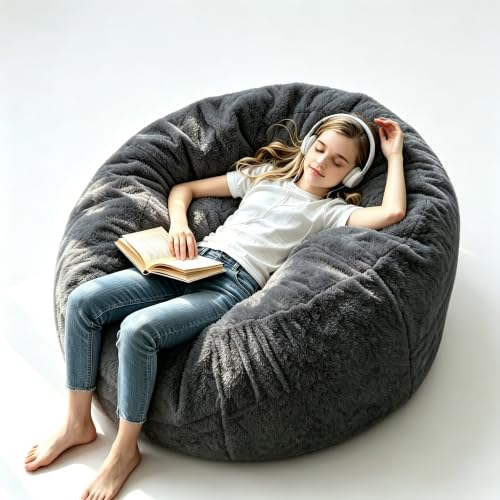 Image of 4FT,Bean Bag Chairs for Adults,Bean Bag with Filler Included,Memory Foam Chair,Soft Flannel Washable Cover, Ideal Reading Chair for Bedroom and Dormitory. (Dark Gray, 4 Foot)