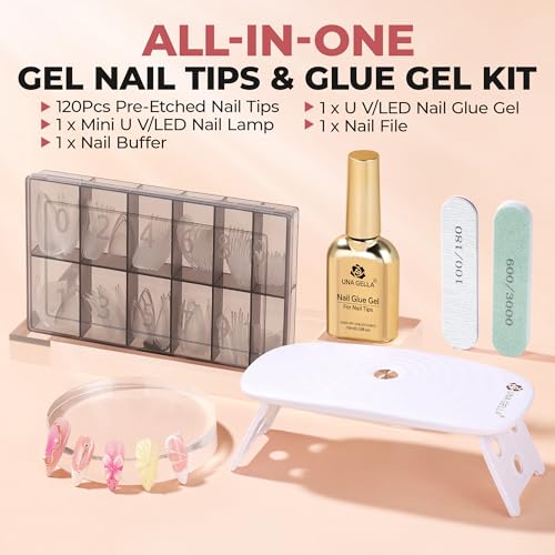 Image of UNA GELLA Medium Stiletto Gel Tips Nail Kit, Pre-Etched Nail Tips 120PCS | Stiletto Nail Tips with Gel Glue, Mini U V LED Lamp, Soft Press-On Nails, 12 Sizes DIY Nail Extension Set for Home Salon Gift