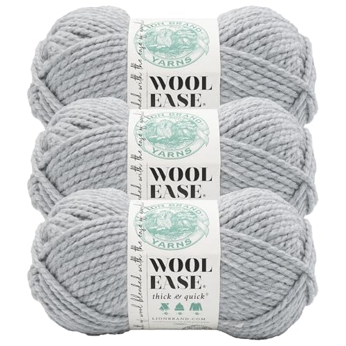 Image of Lion Brand Yarn, Wool-Ease Thick & Quick Yarn, Sweatshirt Grey, 3 Pack | Super Bulky Wool Acrylic Blend Fiber for Soft Hats, Sweaters, Chunky Blankets, Yarn for Crochet, Knitting, Crafts, Weaving