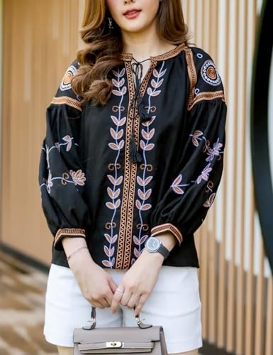 Womens Embroidered Shirt Long Sleeve Peasant Blouse Lantern Sleeve Boho Tops V Neck Loose Lightweight Casual Tunic4