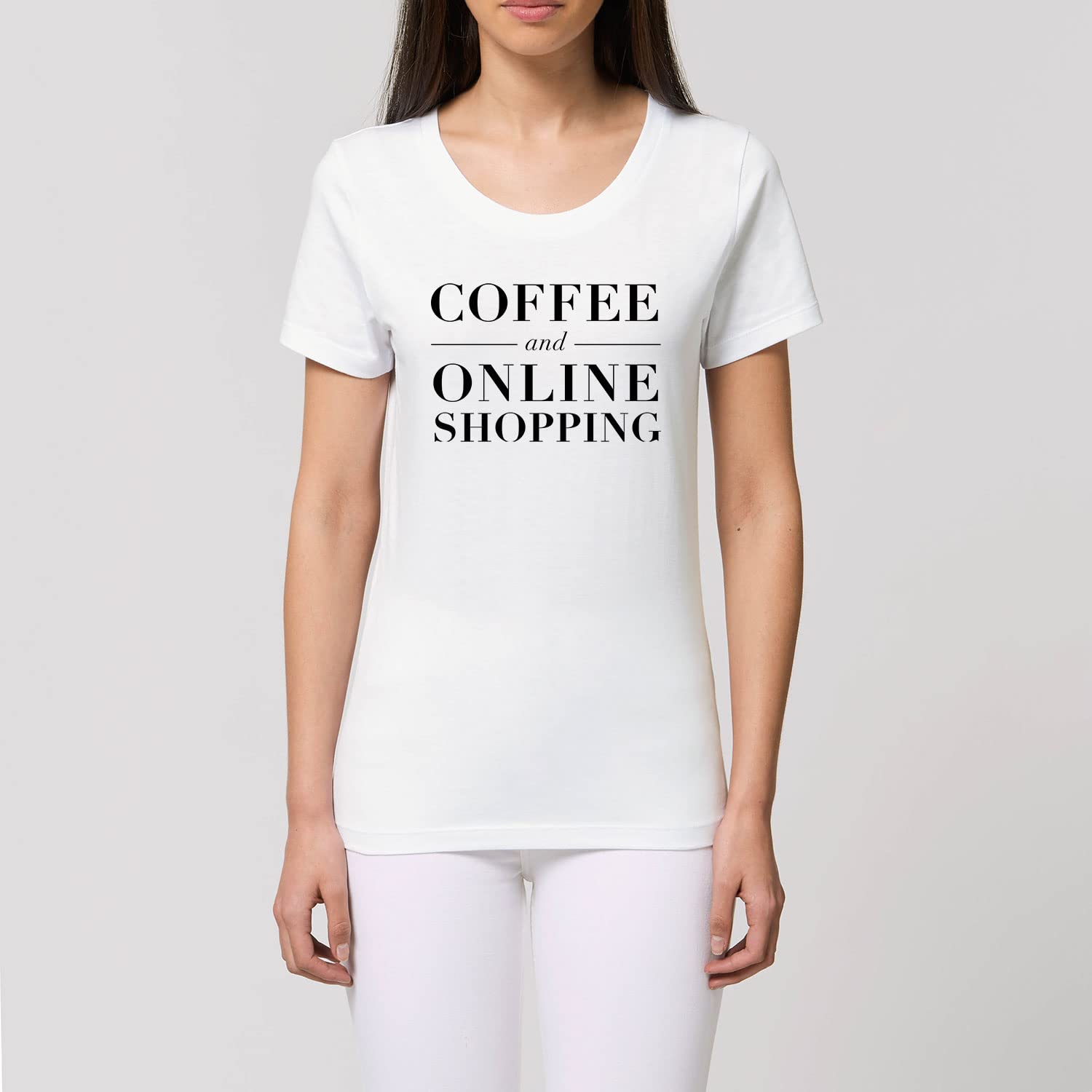 Damska koszulka Expresser - Coffe & online Shopping - Sportowy styl Street-Style Basic T-Shirt z bawełny organicznej na wiosnę i lato, biały, S