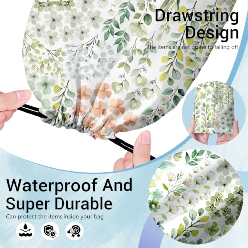 Image of Drawstring Bag Green Leaves Flowers Waterproof Storage Bags for Travel Pool Cycling