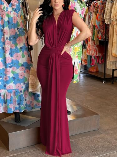 Image of Ekaliy Elegant Bodycon Dresses for Women Deep V Neck Maxi Dress Mermaid Long Dress