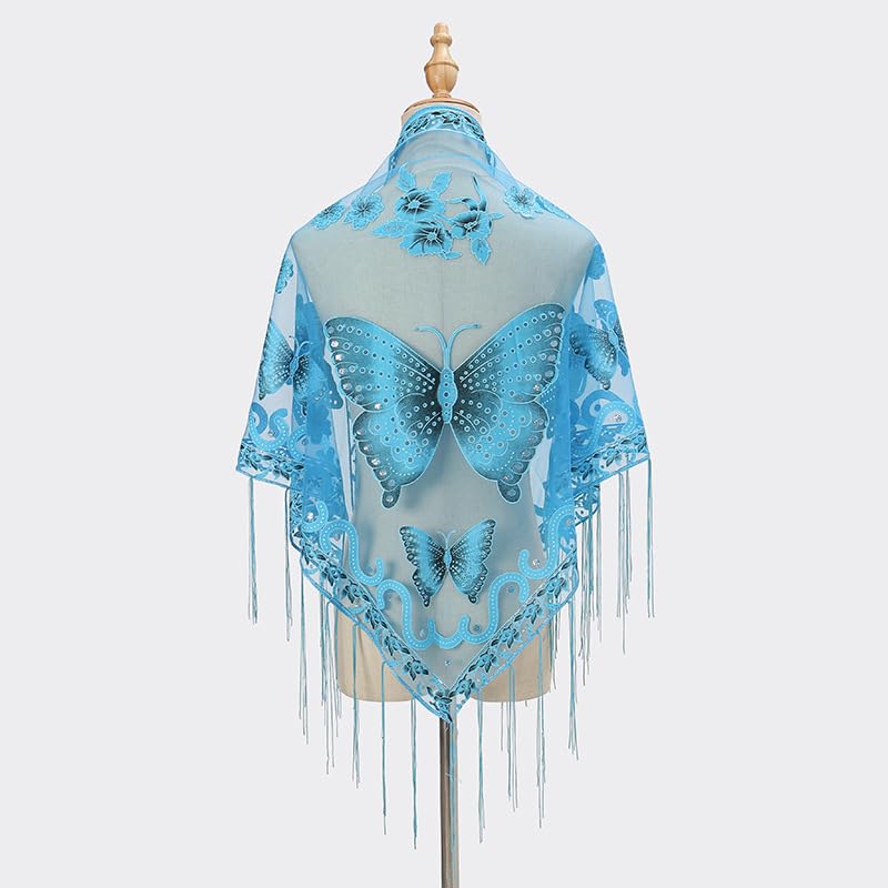 Solid color lightweight breathable butterfly embroidered hollow lace women's triangular shawl tassel scarf2