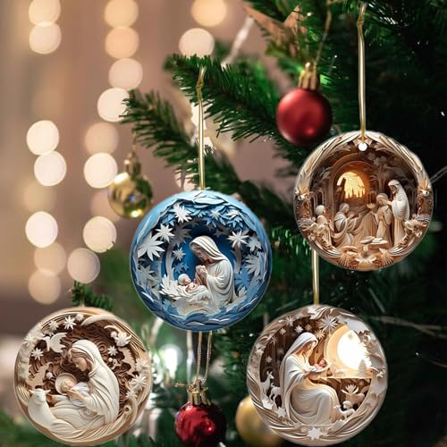 4 PCS Nativity Scene Christmas Tree Ornaments, Acrylic Religious Relief - image 1