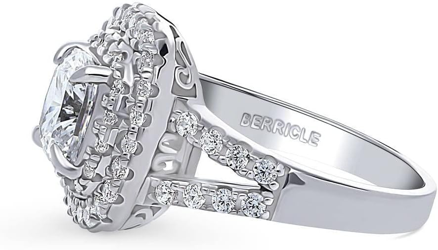BERRICLE Sterling Silver Halo Wedding Engagement Rings Cushion Cut Cubic Zirconia CZ Statement Cocktail Split Shank Ring for Women, Rhodium Plated Size 4-10
