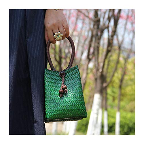 Bolso retro mini tejido a mano de paja verde miniatura 3