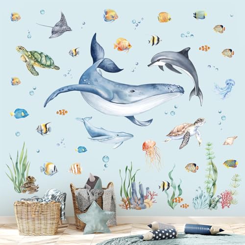 decalmile Stickers Muraux Sous la Mer Poisson Autocollant Mural Océan Baleines Dauphin Décoration Murale Bébé Pépinière Salle de Bain Chambre Enfants