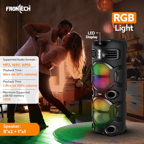Image of FRONTECH Sonata Multimedia Wireless Trolley Speaker - 26W Output, Bluetooth 5.0, LED Display, Disco Light, Wheels, Handle - (SW-0180, Black)