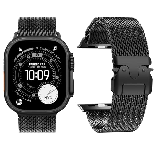 Titanium Milanese Loop Band Compatible with Apple Watch Bands Ultra 3/2/1 49mm 46mm 45mm 44mm for Women Men Parachute-style Buckle Titanium Metal Mesh Strap Bracelet for iWatch Series 11 10 SE 9 8 7 6 5 4