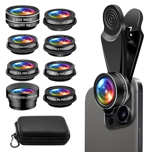 Kit d'objectifs 10 en 1 pour téléphone portable, appareil photo, avec objectif fisheye 198 °, grand angle 0,63 × 15x, macro objectif téléobjectif, filtre étoilé, kaléidoscope CPL pour smartphone et