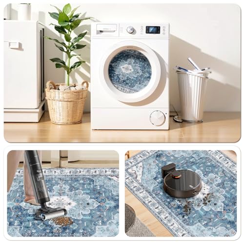 SERISSA Boho Rugs for Entryway, 2x3 Blue Entryway Rug Non-Slip Washable Small Area Rug, Ultra Soft Oriental Vintage Low-Pile Indoor Door Mat Floor Carpet for Entrance Bedroom Kitchen Bathroom