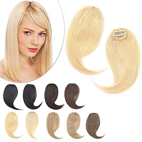 SEGO Clip in Bangs 100% Real Human Hair 10 inch 2PCS French Bangs Wave Fringe Side Bangs Swept Natural look Hair Piece 15g/Pcs-Bleach Blonde