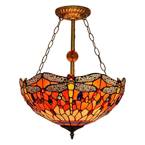 Yjmgrowing 16-Inch Tiffany Style 3 Light Inverted Ceiling Pendant In Dragonfly Stained Glass Bedroom Art Chandelier For Dining Room Lighting,110V-240V,E27,40w Cover